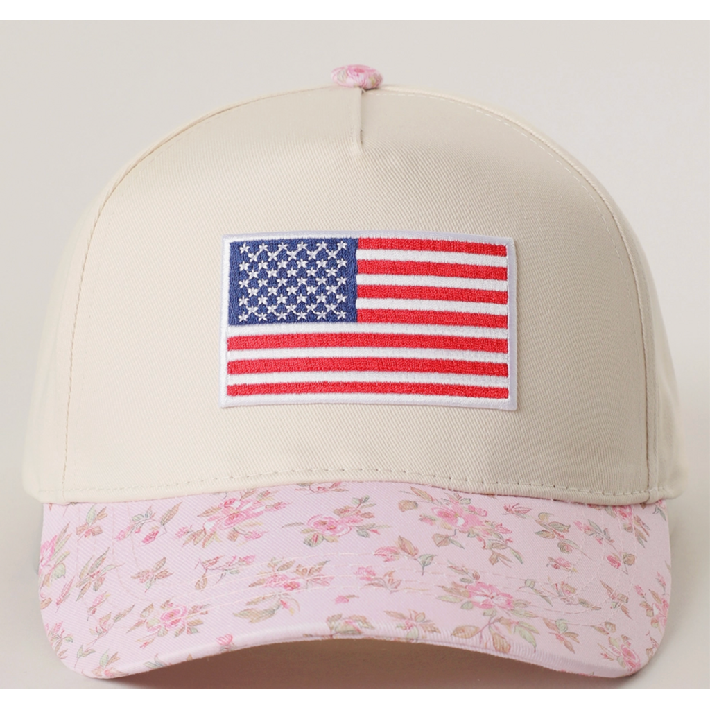 American Flag Embroidered Patch Flower Pattern Cap