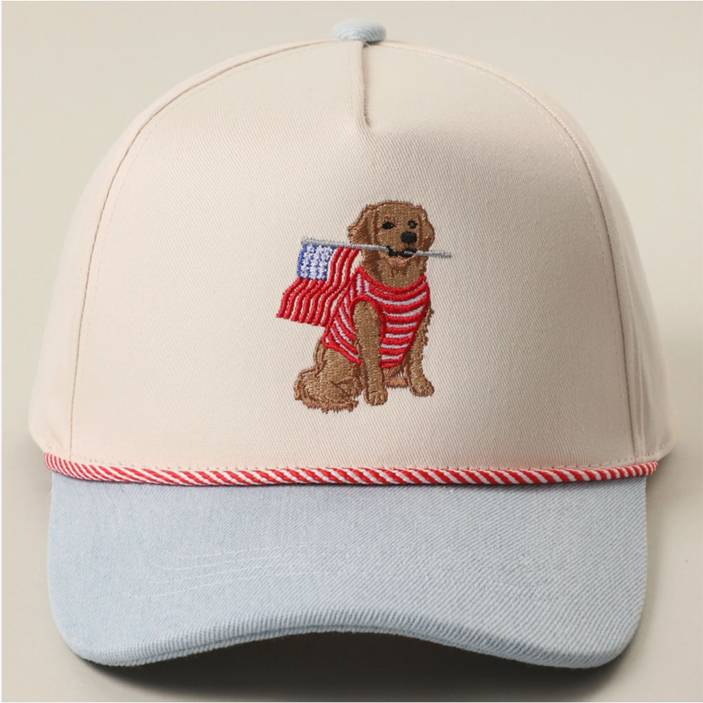 Golden Retriever Holding USA Flag Denim Brim Trucker Hat