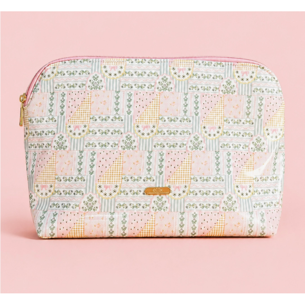 Large Cosmetic Wipeable Pouch with Zipper - Patchwork Floral