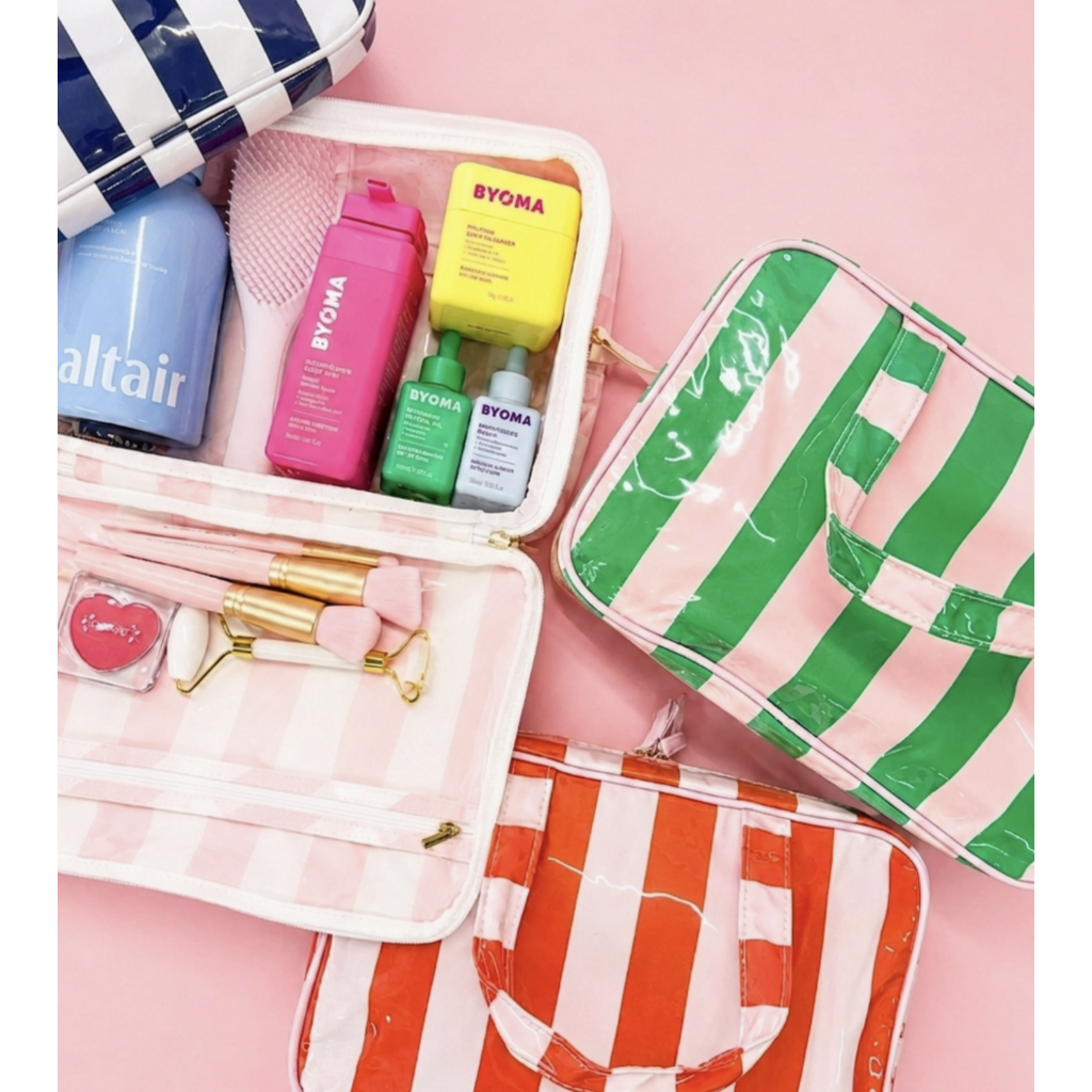 Gloss & Go Colorful Stripe Wipeable Travel Cosmetic Case White/Navy
