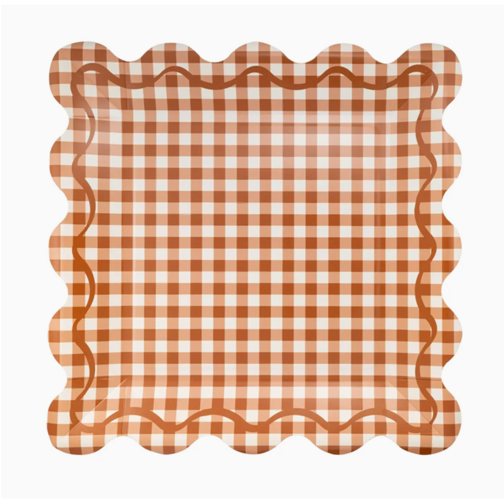 Rust Gingham Scalloped Square Plates