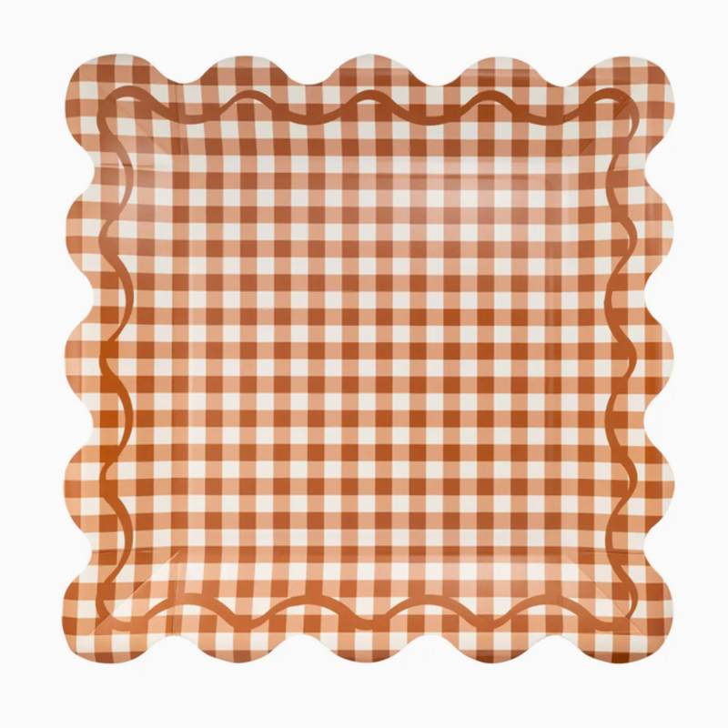 Rust Gingham Scalloped Square Plates