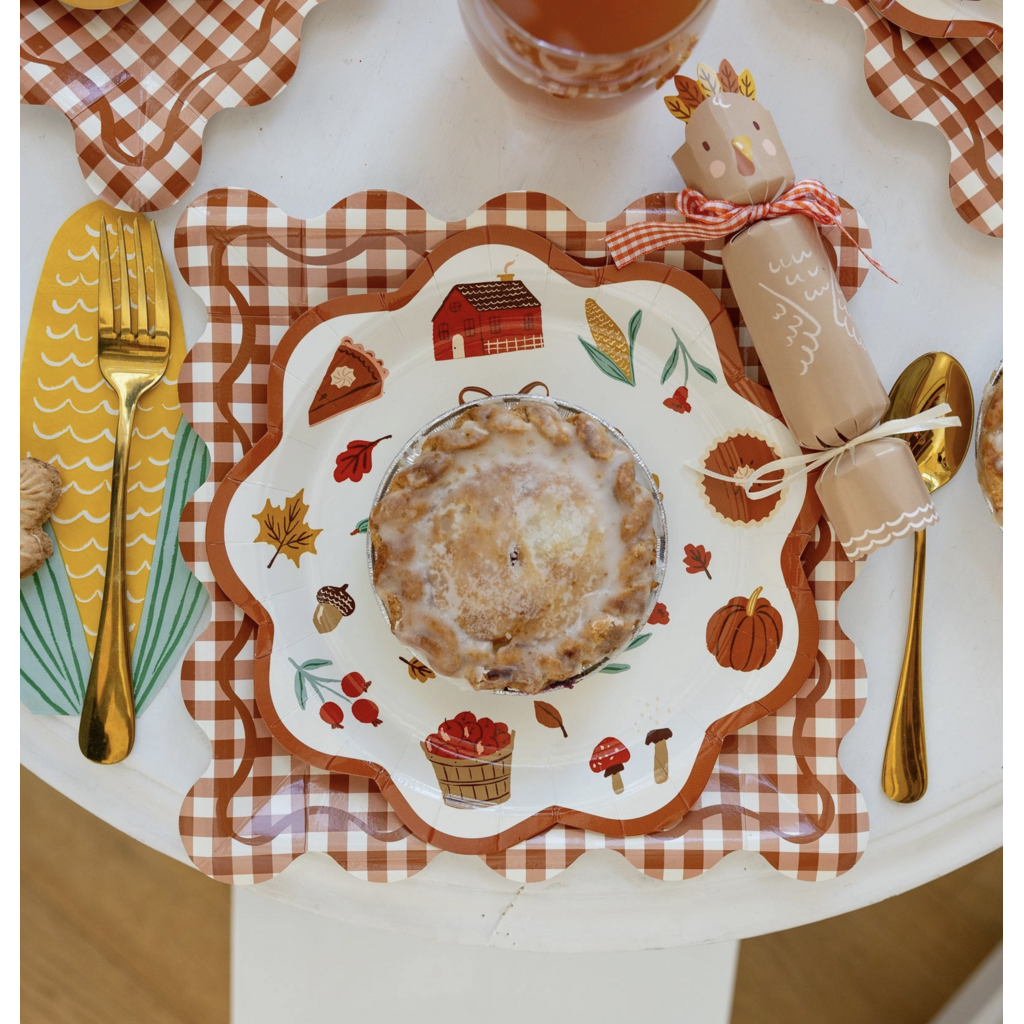 Rust Gingham Scalloped Square Plates