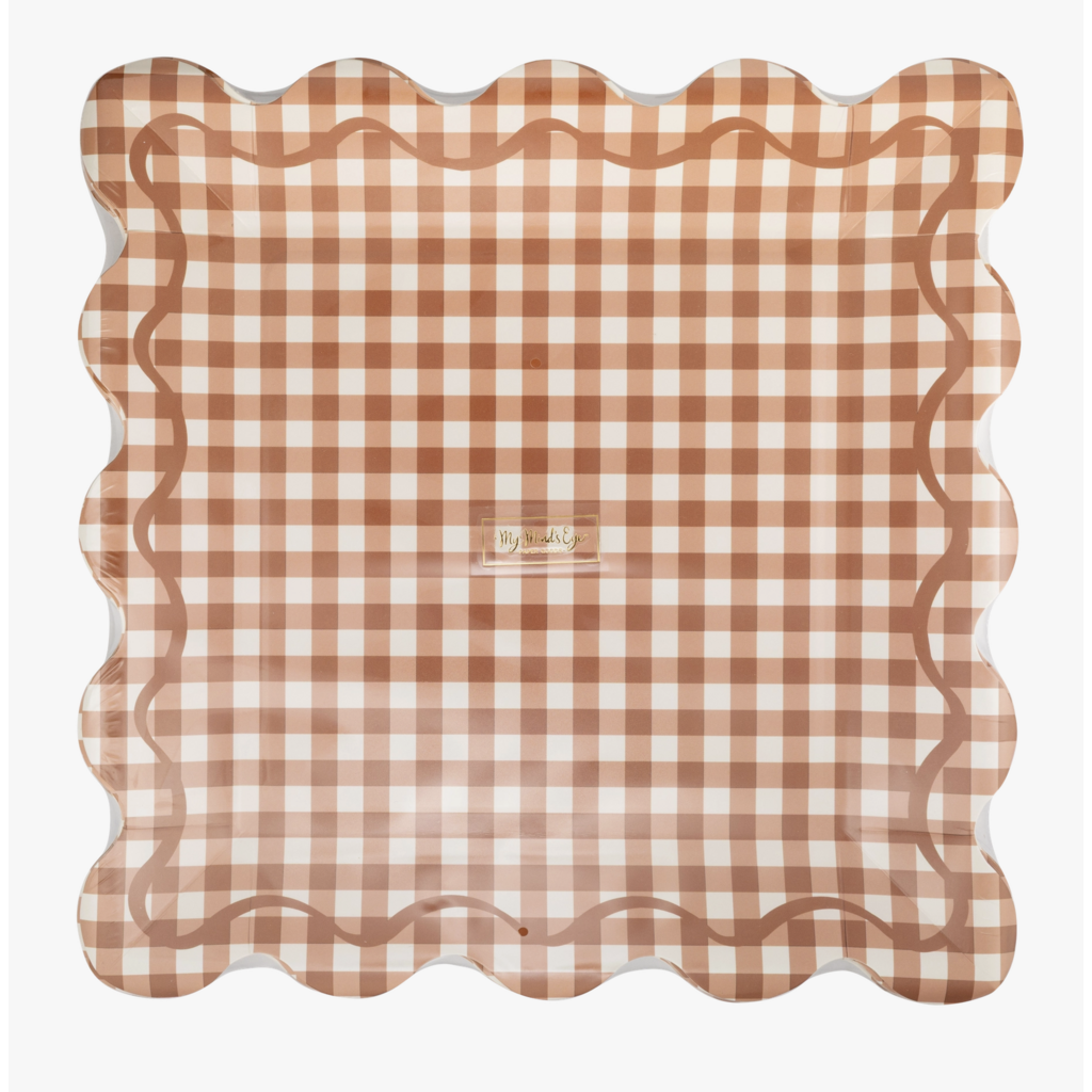 Rust Gingham Scalloped Square Plates