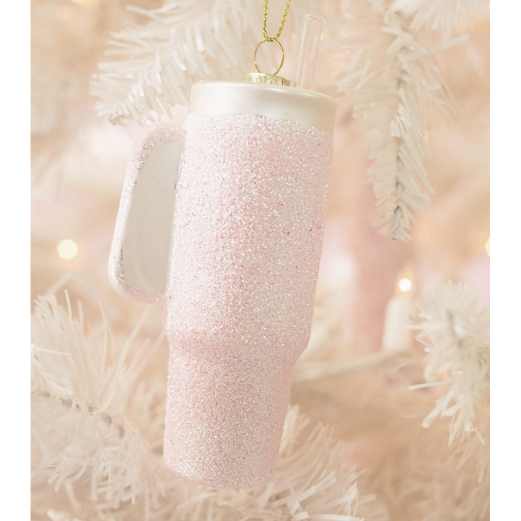 Pink Glittered Trendy Tumbler Christmas Ornament