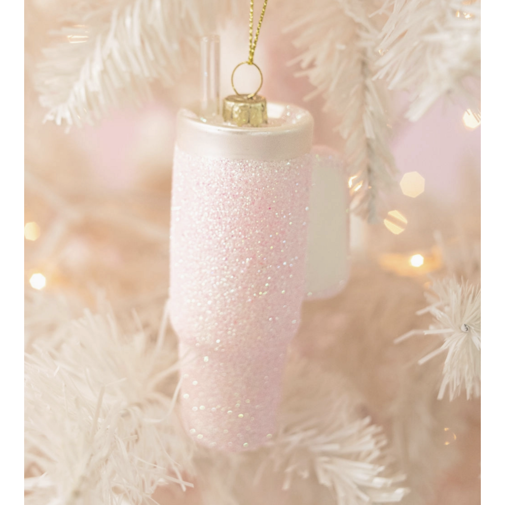 Pink Glittered Trendy Tumbler Christmas Ornament