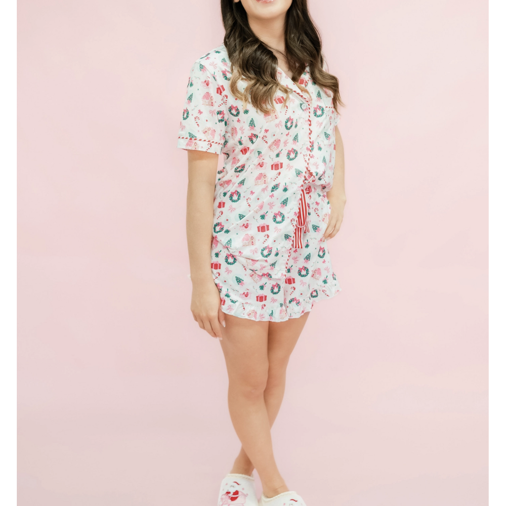 Santa's Sugarplum Social Christmas Ruffleshorts Pajama Set