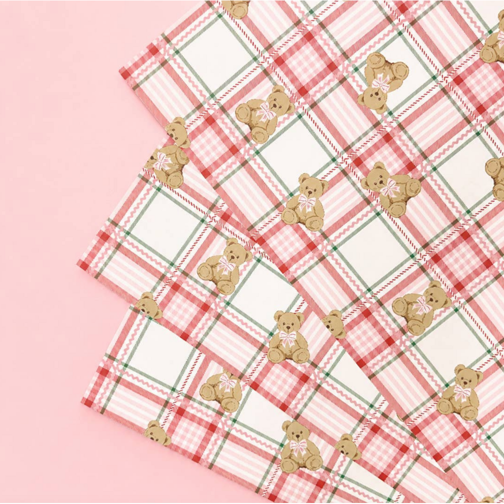 Holiday Teddy Tartan Wrapping Paper Roll Of 3 Sheets