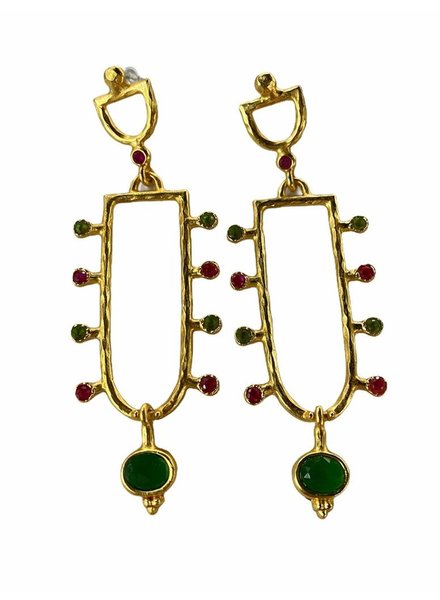 Gold Plated Earrings Green and Red Crystals