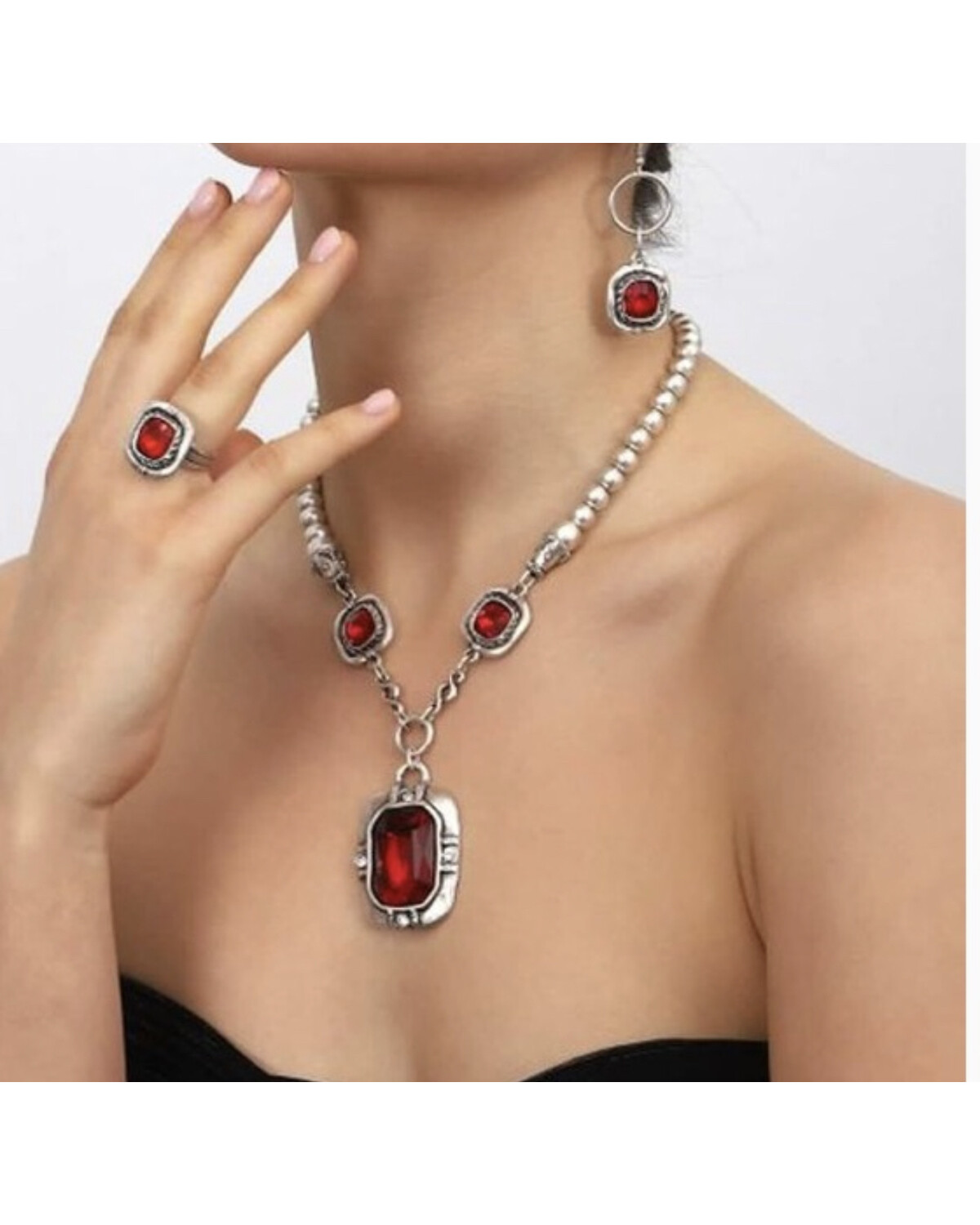 Silver Plated Red Stone Set