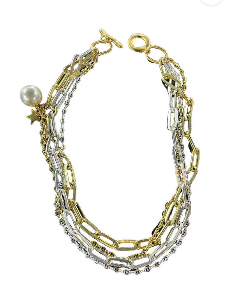 Mi. Chain big pearl & star necklace 18”