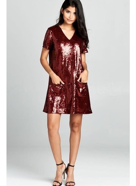 Short sleeve sequin short dress with front pockets