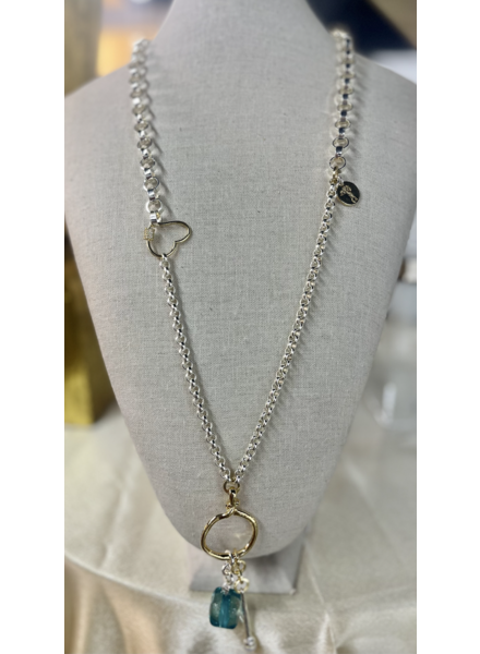 Long Necklace with Heart and Blue Square
