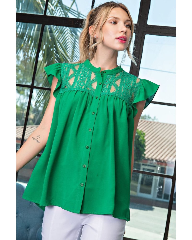 LACE BUTTON FRONT BLOUSE TOP Green