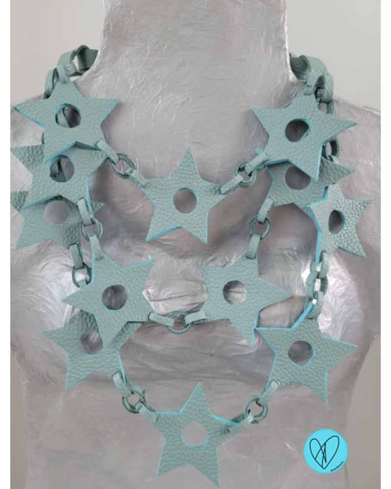 Multi Layer Teal Stars Leather Necklace
