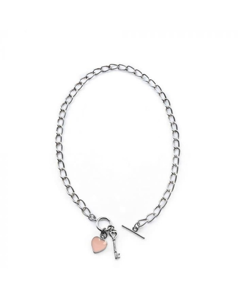 lo53121CHAIN NECKLACE T-BAR PINK HEART KEY