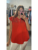 LACE BUTTON FRONT BLOUSE TOP Red