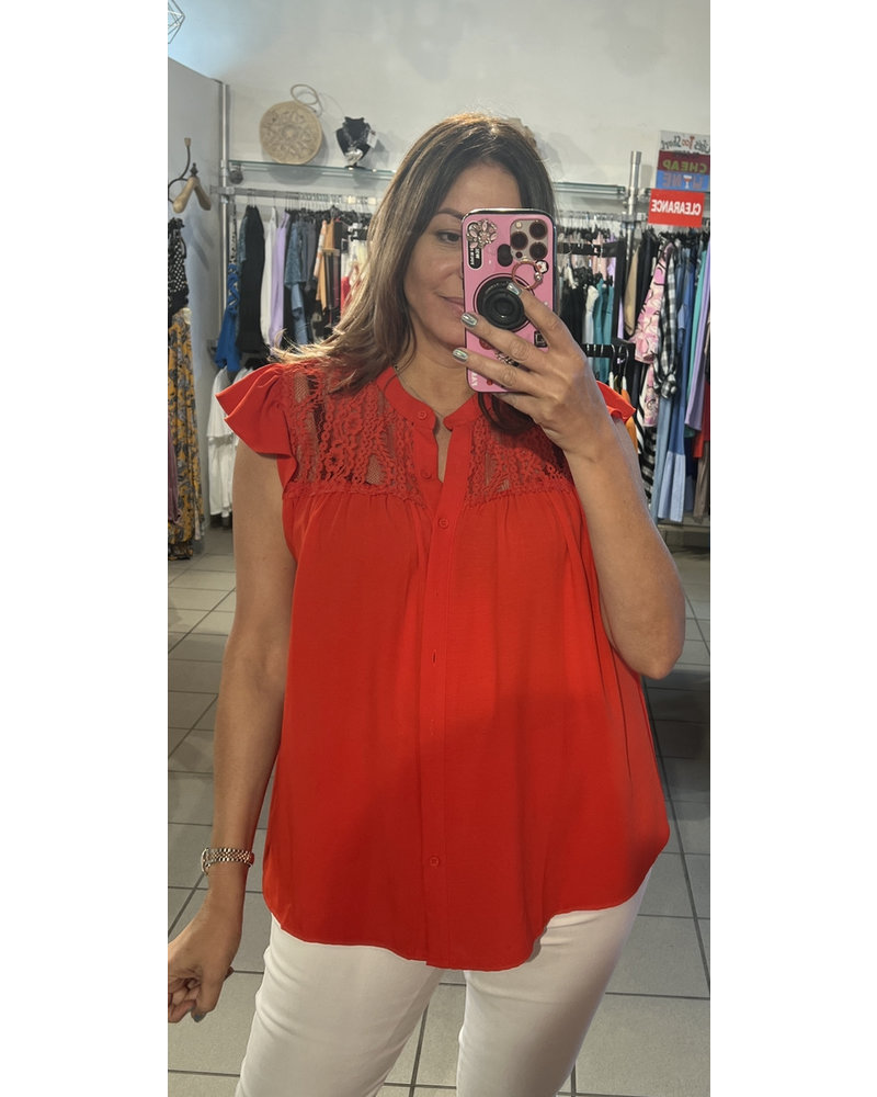 LACE BUTTON FRONT BLOUSE TOP Red