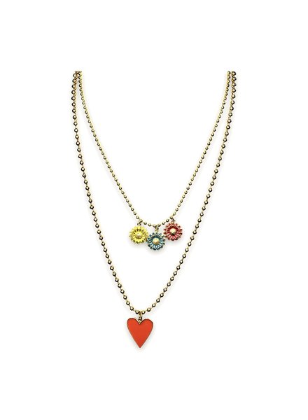 Flowers and heart enamel 4 soles necklace