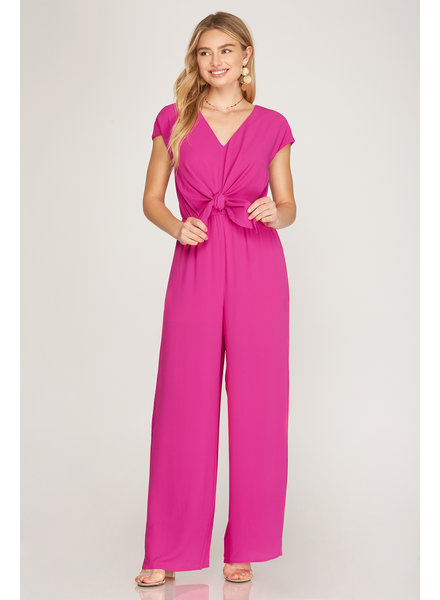 SHORT SLEEVE WOVEN JUMPSUIT WITH FRONT TIE