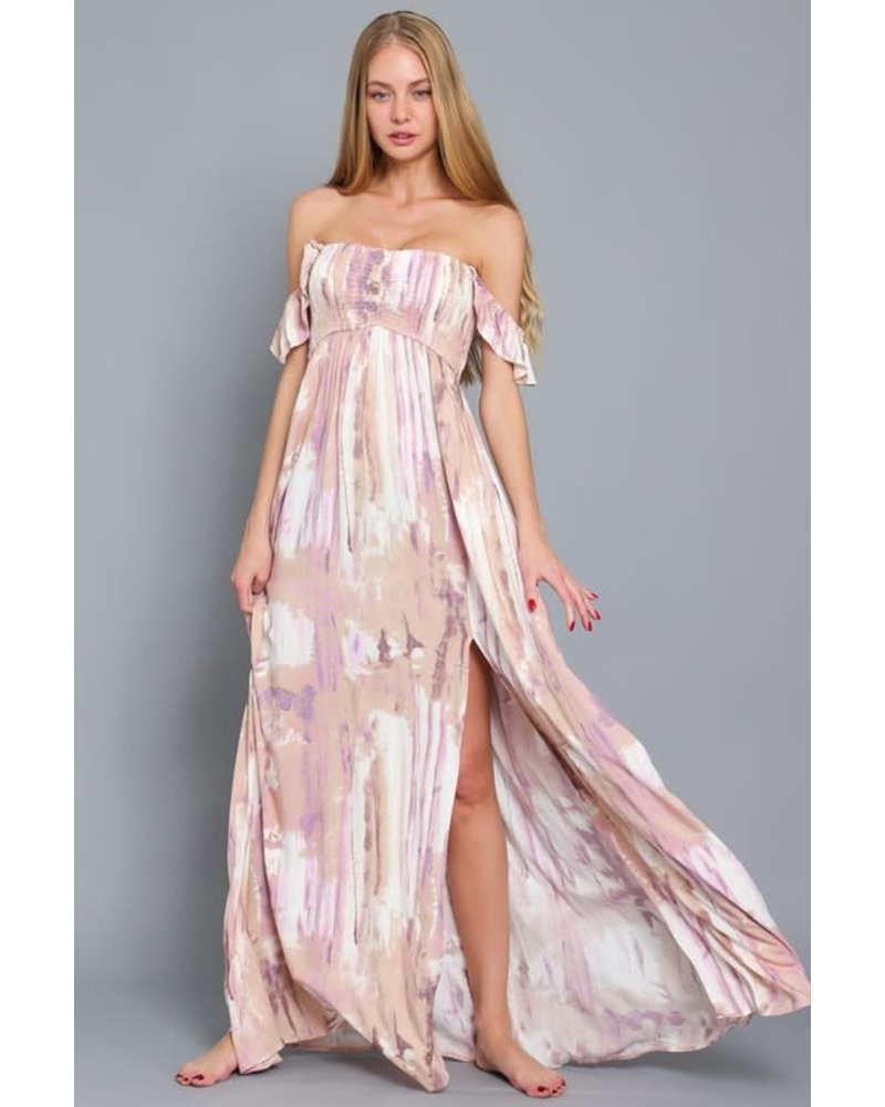 TUBE RUFFLE SHOULDER STRAP SMOCKED TIE-DYE MAXI