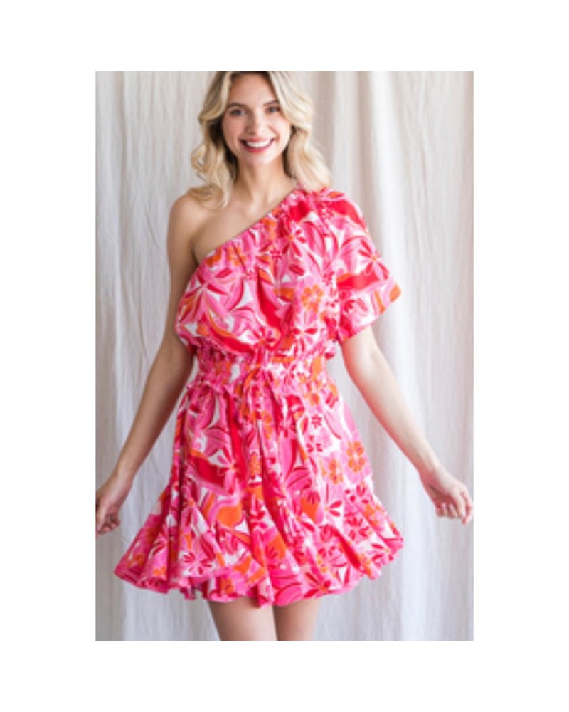 Pink/Red Floral Print  One Shoulder Short Dress