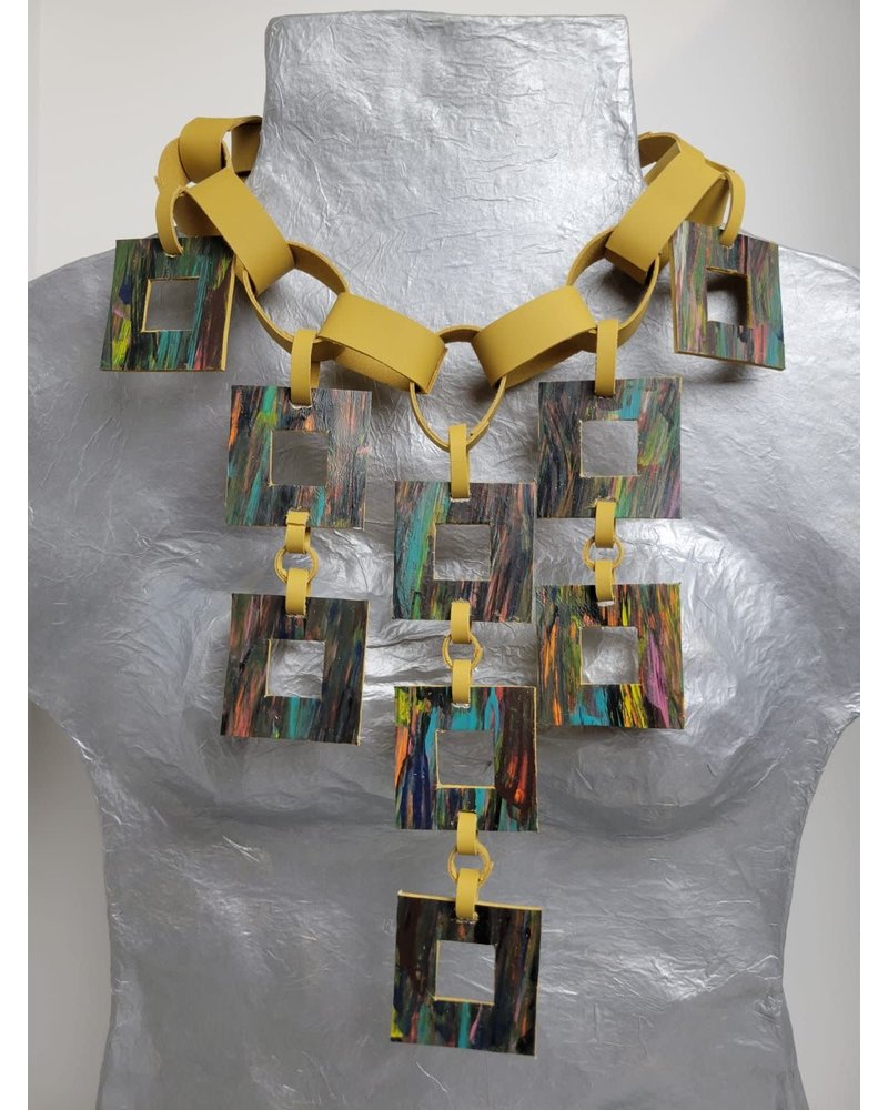 Special Edition Mustard Painted Squares Leather Necklace