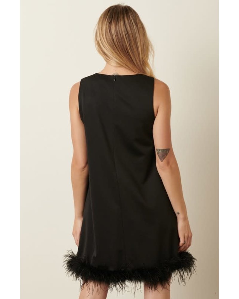 Black Feather Trim Bottom Sleeveless a Line Mini Dress