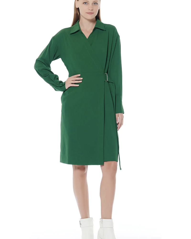 small Collared Solid Midi Buckled Wrap Dress