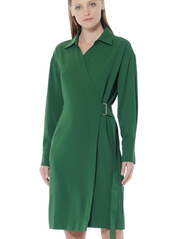 small Collared Solid Midi Buckled Wrap Dress