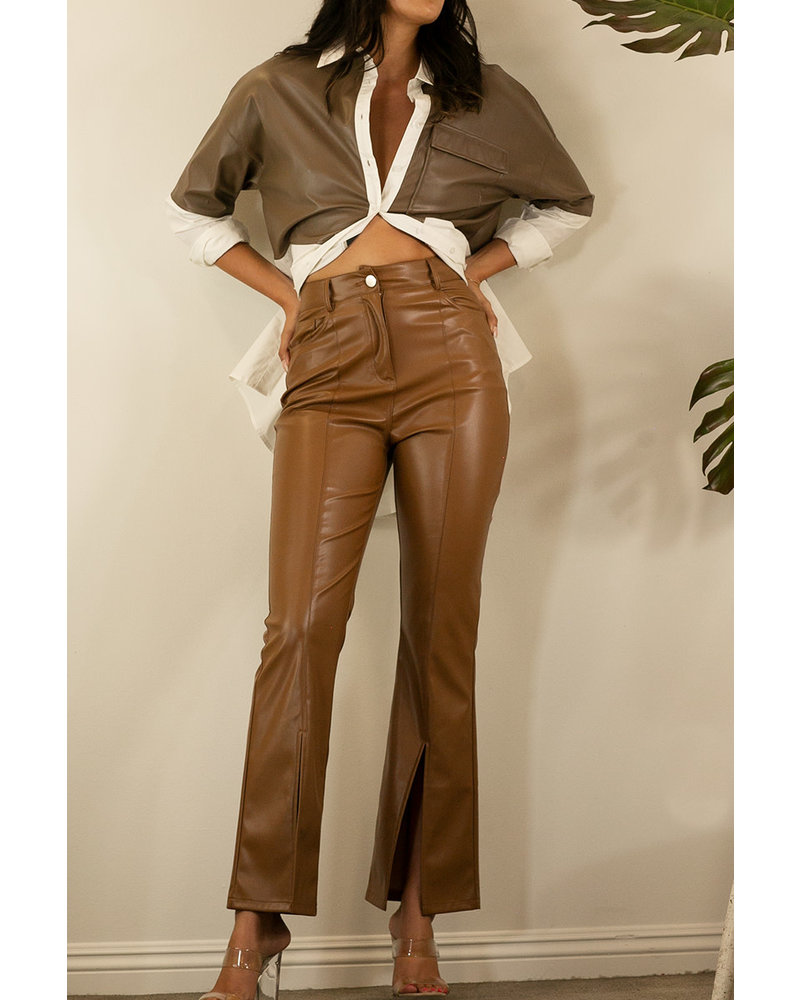 FAUX LEATHER SLIT PANTS Coffee