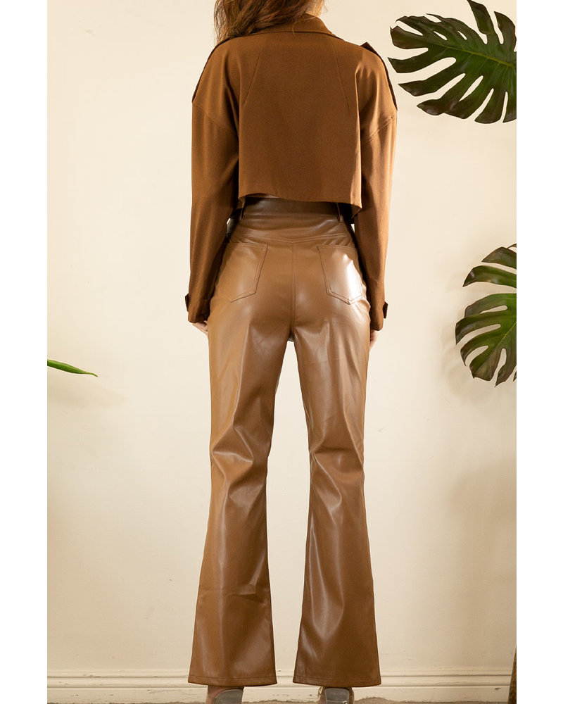 FAUX LEATHER SLIT PANTS Coffee