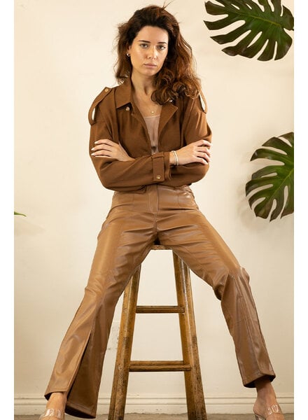 FAUX LEATHER SLIT PANTS Coffee