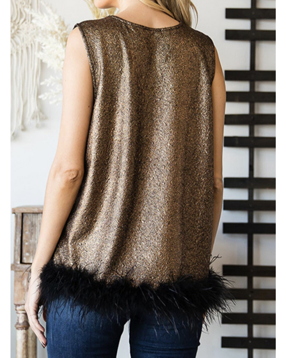 Plus/reg Foil  Sleeveless Feather Tirim Top