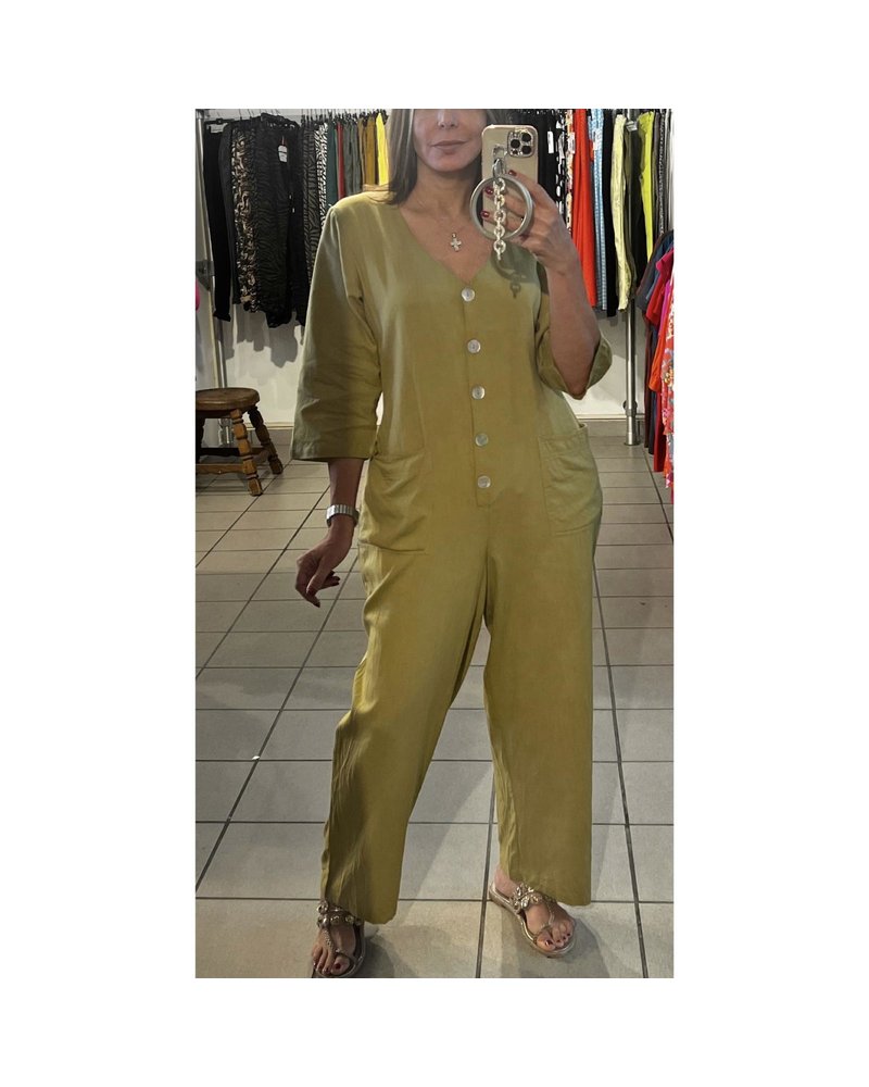 V-Neck Jumpsuit with 3/4 Sleeves Moss