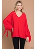 Solid Batwing Sleeve Ribbon Tie Top Red