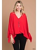Solid Batwing Sleeve Ribbon Tie Top Red