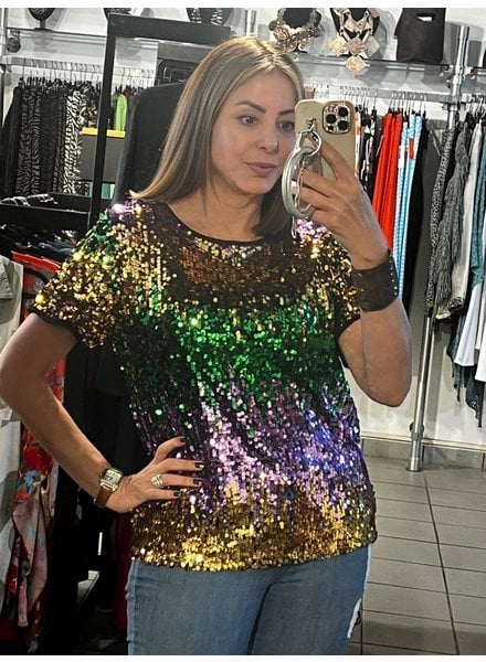 MARDI GRAS COLOR BLOCK SEQUIN TOP