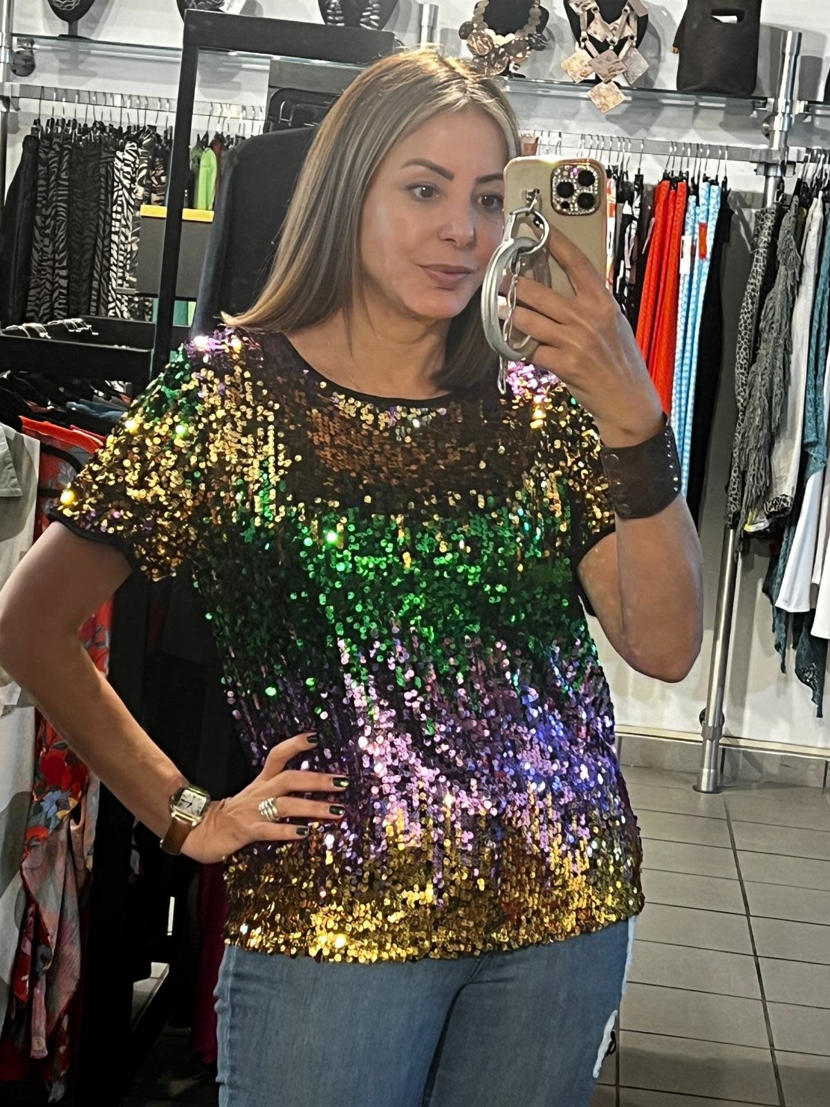 MARDI GRAS COLOR BLOCK SEQUIN TOP