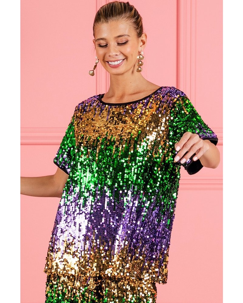 MARDI GRAS COLOR BLOCK SEQUIN TOP