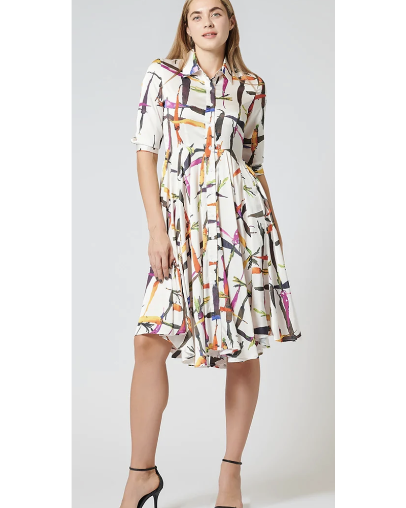 Long Printed Pleated Button-Down Shirt Dress