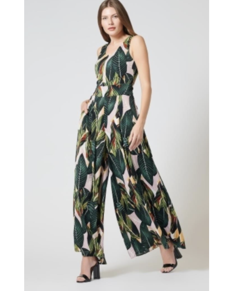 Sleevless Wide Leg Tropical-Print Jumpsuit