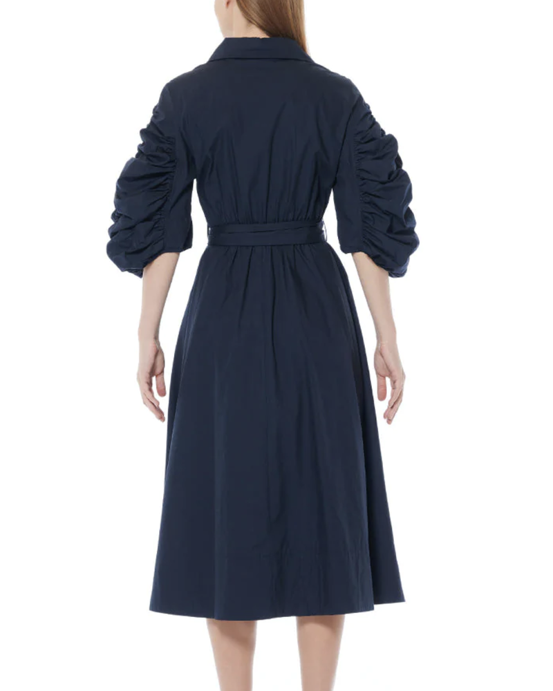 Ruched Sleeve Collared Surpliced Solid Long Dress