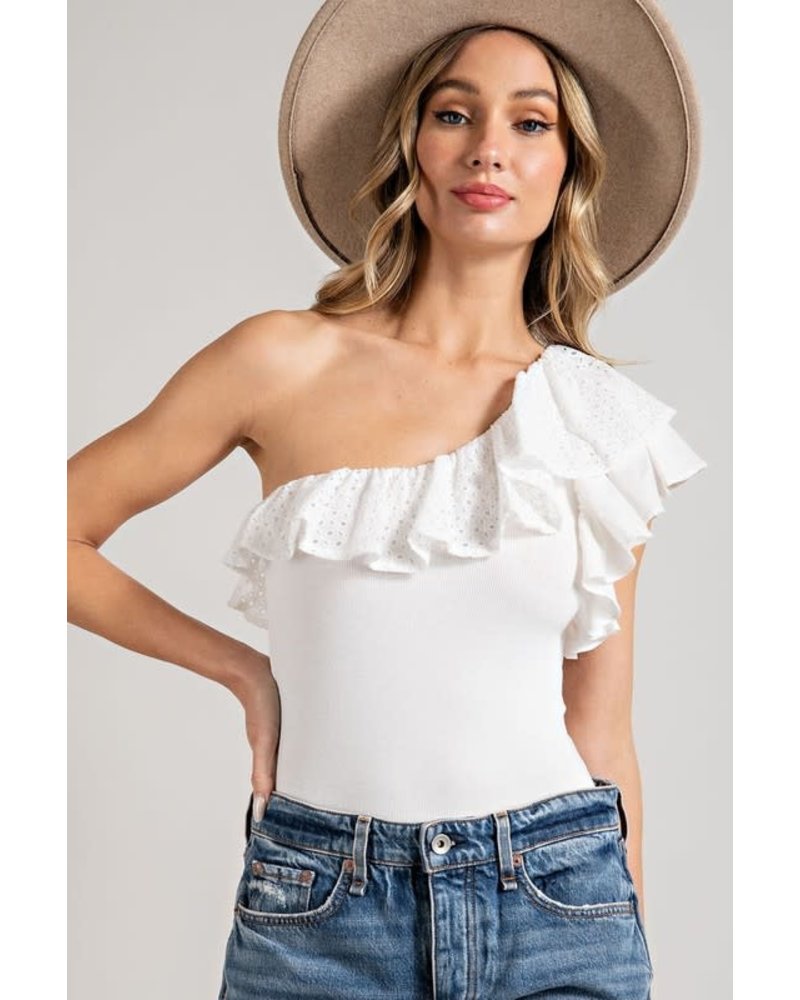 ONE SHOULDER RUFFLED BODYSUIT white