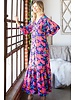 FLORAL BUTTON TRIM LONG SLEEVE V NECK MAXI DRE