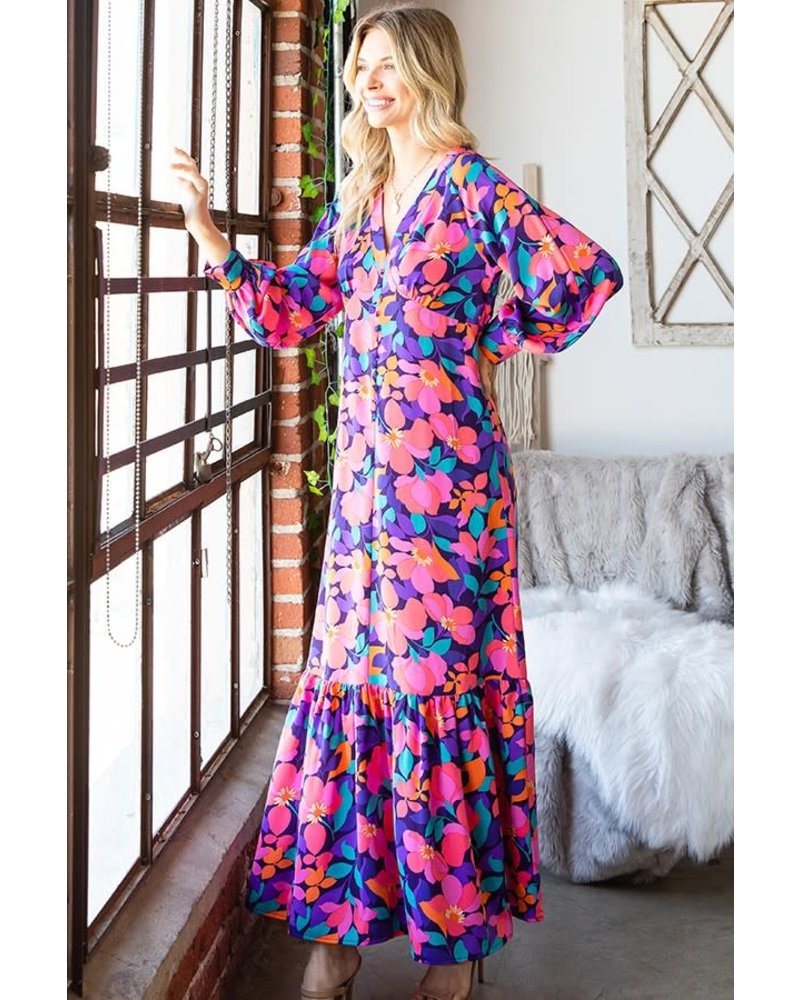 FLORAL BUTTON TRIM LONG SLEEVE V NECK MAXI DRE