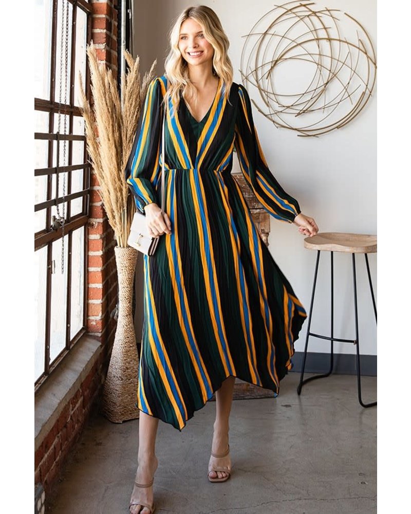 STRIPED PLEATED ASYMMETRICAL HEM LONG DRESS