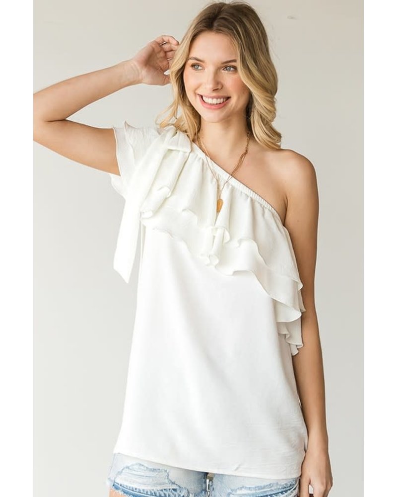 RIBBON TIE RUFFLE TIERED ONE SHOULDER WOVEN TOP  Ivory