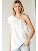 RIBBON TIE RUFFLE TIERED ONE SHOULDER WOVEN TOP  Ivory