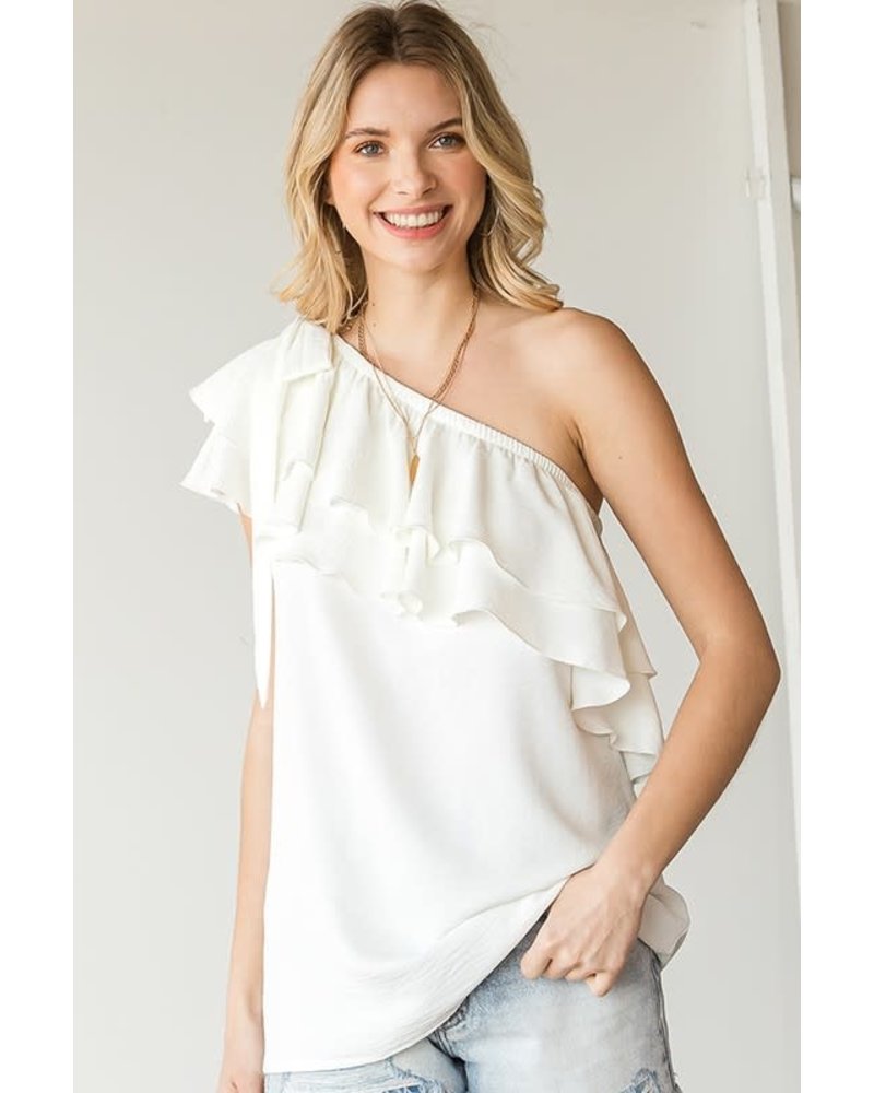 RIBBON TIE RUFFLE TIERED ONE SHOULDER WOVEN TOP  Ivory